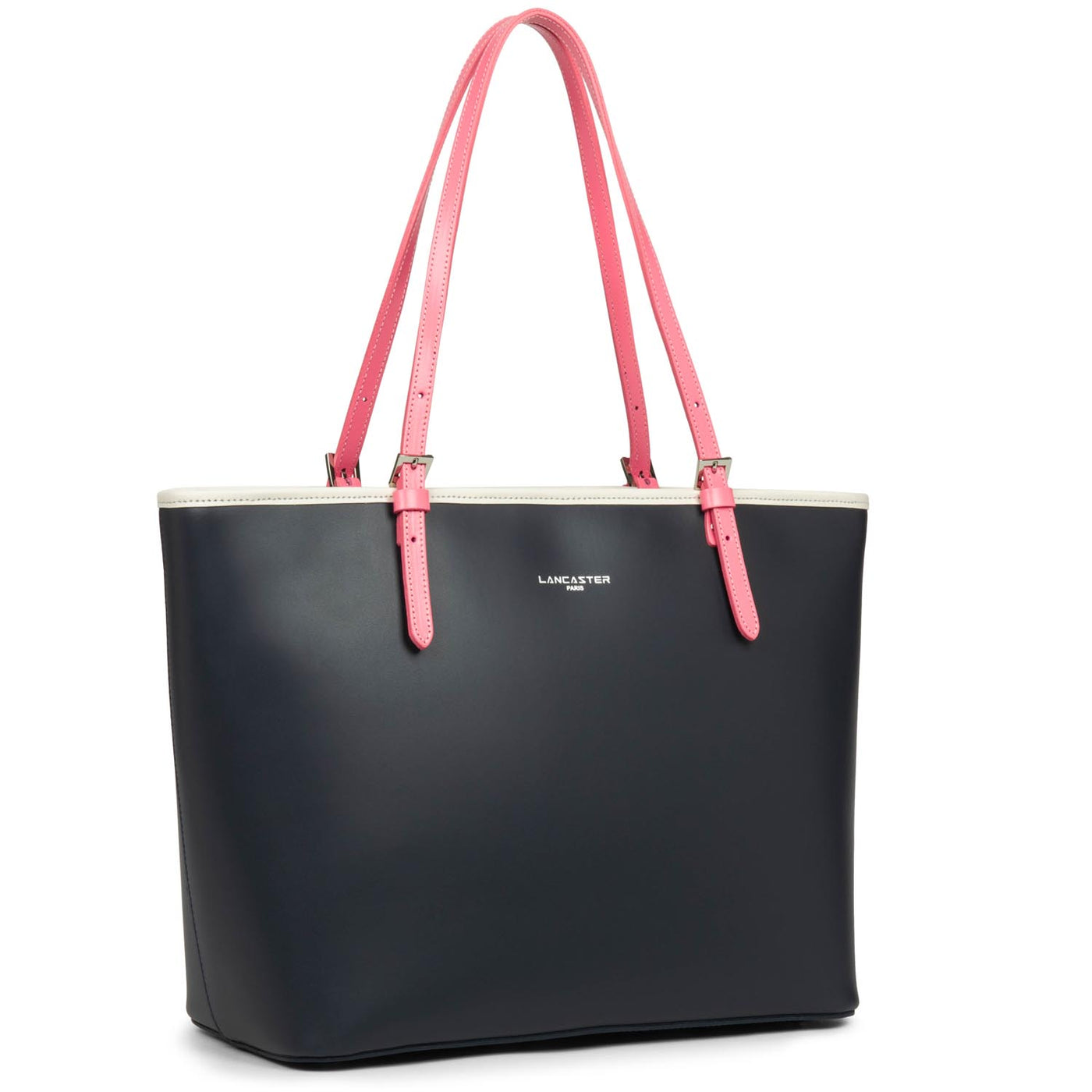 large tote bag - smooth #couleur_bleu-fonc-ecru-rose-fonc