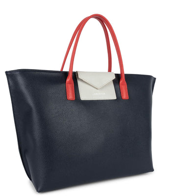 large tote bag - maya #couleur_bleu-fonc-ivoire-corail